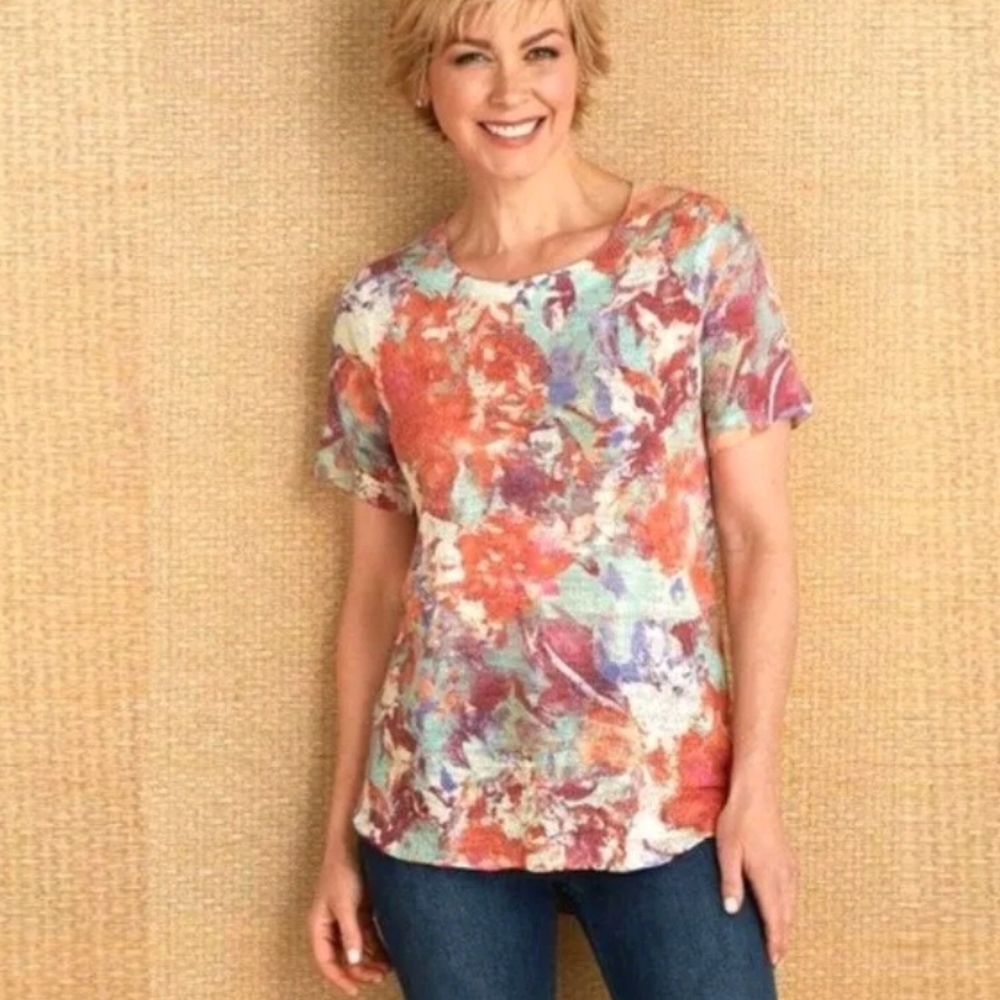 Soft Surroundings Late Bloom Floral Top Medium Watercolor Artsy Fall Teacher